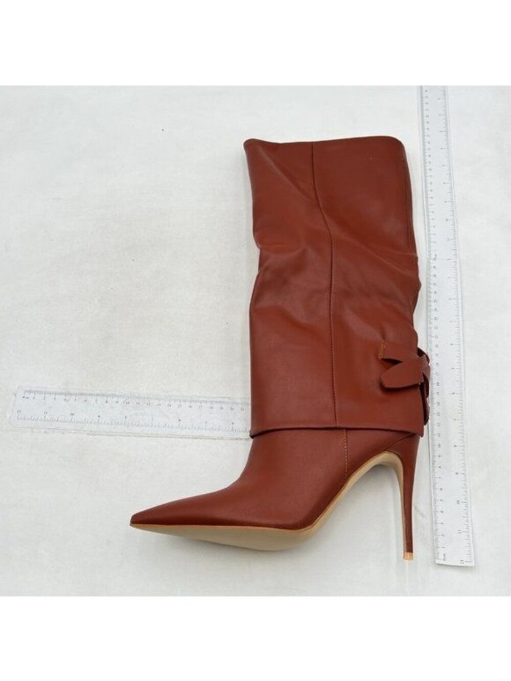 Women's Stiletto Heel Boots Foldover Side Lace-Up Pointed Toe Boot Brown